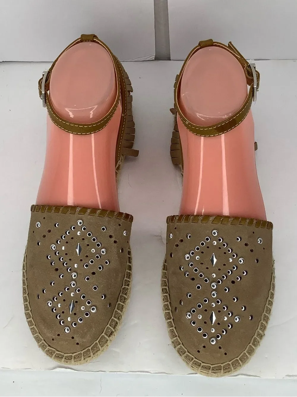 Sam & Libby Taupe Suede Espadrille Sandals Ankle Strap Stud Accents Sz 7